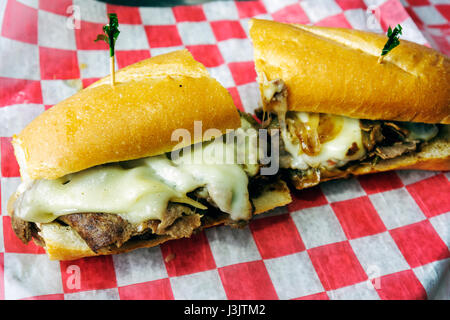 Miami Florida,Biscayne Boulevard,The Daily,deli,restaurant restaurants food dining cafe cafes,Philly Cheesesteak Sandwich,sandwich,bread,melted cheese Stock Photo