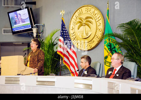 Miami Beach Florida,City Hall,building,State of the City Address,Commission Chambers,Mayor Matti Herrera Bower,municipal government,commissioners,cham Stock Photo