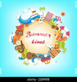 Summer time sandy circle banner surrounded with colorful beach elements and accessories Stock Vector