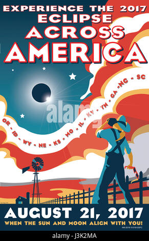 A poster designed by NASA promotes the August 21, 2017 total solar eclipse that will pass over the United States. The eclipse will be total as it travels from Oregon to South Carolina with the rest of the country able to view a partial eclipse of various degrees. The last time a total eclipse was viewable in the U.S. was 1979. (NASA) Stock Photo