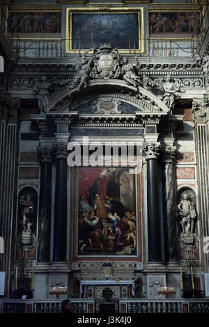 Painting 'The Miracles of Saint Ignatius of Loyola' by Flemish painter Peter Paul Rubens on display in the side altar in the Church of the Gesu (Chiesa del Gesu) in Genoa, Liguria, Italy. Stock Photo