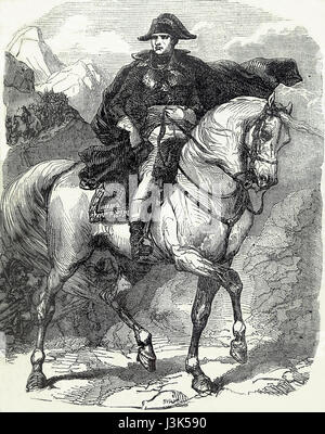Napoleon crossing the Alps. Spring of 1800. 19th. Century. Engraving inspired on a paintig by Jacques Louis David. Stock Photo