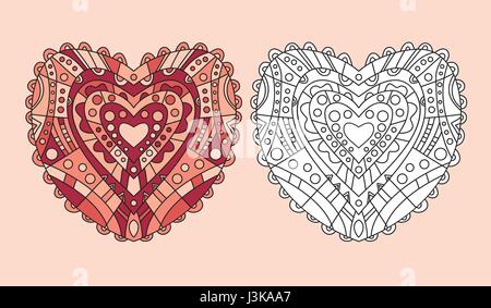 Zentangle coloring page heart symbol vector illustration. Antistress for adult coloring ornamental template design. Stock Vector