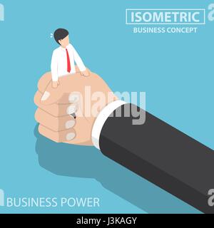 Flat 3d isometric businessman being squeezed by big hand. under pressure and business power concept Stock Vector