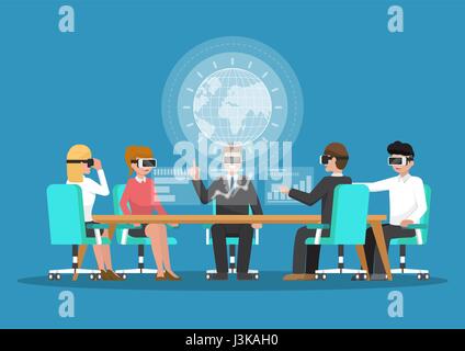 Business people wear vr glasses in virtual reality conference. Business and technology concept Stock Vector
