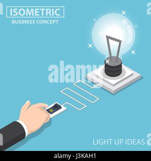 Flat 3d isometric businessman hand pushing switch to turn light bulb of idea on, light up your ideas concept Stock Vector