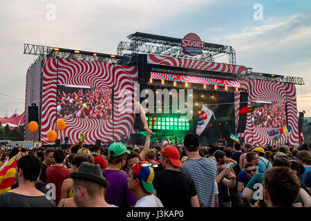 The main stage with a mannequin leg at the Sziget Festival in Budapest, Hungary Stock Photo
