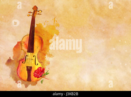 A watercolour and ink drawing of a violin with a red rose, with a texture of paint splashes, on old paper with a place for text Stock Photo