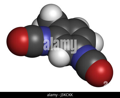 Toluene diisocyanate (TDI, 2,4-TDI) polyurethane building block molecule. May be a carcinogen. Atoms are represented as spheres with conventional colo Stock Photo