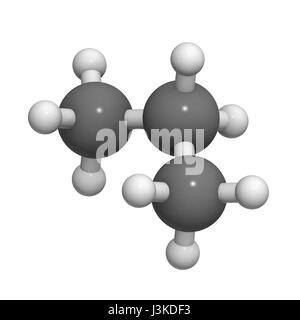 Propane fuel molecule, molecular model. Atoms are represented as spheres with conventional color coding: hydrogen (white), carbon (grey) Stock Photo