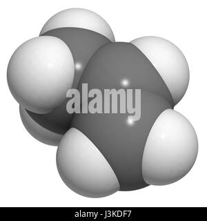 Propylene (propene), polypropylene (PP, polypropene) plastic building block. Atoms are represented as spheres with conventional color coding: hydrogen Stock Photo