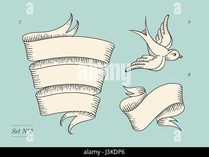 Image Details IST_11112_02147 - Set of Swallows with ribbon isolated on  white.Vintage style for Tattoo design. Vector illustration