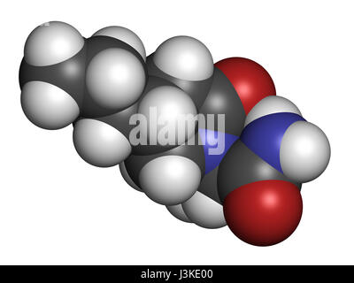 Brivaracetam anticonvulsant drug molecule. Used in treatment of seizures. Atoms are represented as spheres with conventional color coding: hydrogen (w Stock Photo