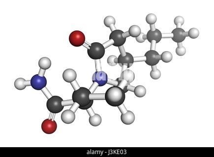 Brivaracetam anticonvulsant drug molecule. Used in treatment of seizures. Atoms are represented as spheres with conventional color coding: hydrogen (w Stock Photo