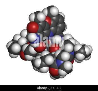 Dactinomycin (actinomycin D) cancer chemotherapy drug molecule. Atoms are represented as spheres with conventional color coding: hydrogen (white), car Stock Photo