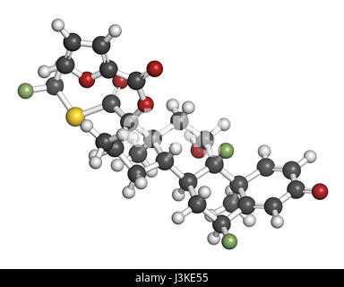 Fluticasone furoate corticosteroid drug molecule. Used in treatment of allergic rhinitis, COPD and chronic bronchitis. Atoms are represented as sphere Stock Photo