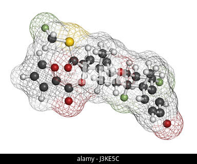 Fluticasone furoate corticosteroid drug molecule. Used in treatment of allergic rhinitis, COPD and chronic bronchitis. Atoms are represented as sphere Stock Photo