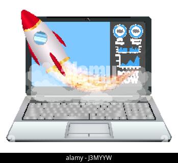 laptop with speed acceleration boost toy rocket Stock Vector