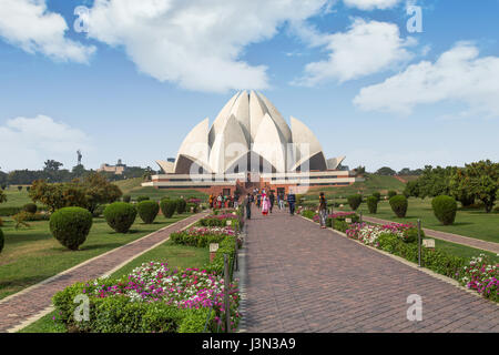 Lotus temple Delhi is the Bahai house of worship and a notable city landmark for its unique architectural design replicating a lotus flower. Stock Photo