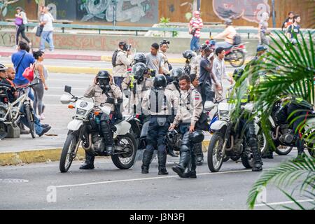 Bolivarian National Police and the National Guard stationed in the streets of Caracas. Opposition march on Wednesday, May 4, in rejection of the 'cons Stock Photo