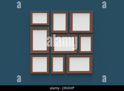 Picture frame isolated on dark blue drywall background. 3D illustrated Stock Photo