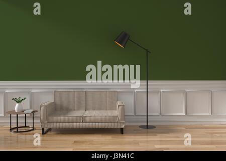 living room in green and white with long sofa and lamp design in the room in 3D rendering Stock Photo