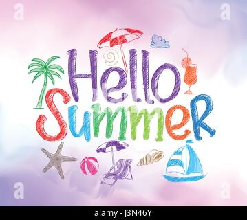 Hello Summer drawing with shells sketch for coloring Stock Vector Image ...