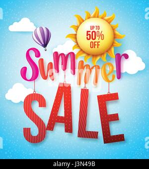 Vector Summer Sale Design Concept Hanging in Blue Sky Background with Yellow Sun, Flying Balloon and Clouds. Vector Illustration Stock Vector