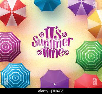 Colorful Beach Umbrellas Vector Background with Summer Time Title in Sea Shore for Summer Season. Vector Illustration Stock Vector