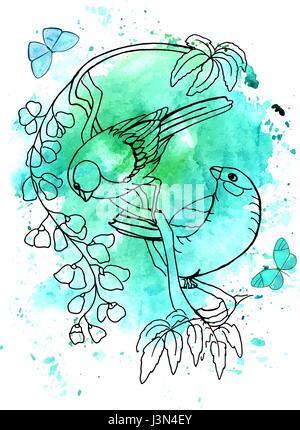 Victorian style birds on watercolor texture, vector design  Stock Vector