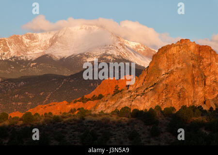 Sunrise image of Pikes Peak Mountain and Garden of the Gods in the springtime Stock Photo