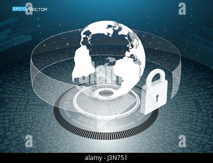 security data design, vector illustration eps10 graphic. including sphere with world map, arrow , lock, numbers , futuristic technican elemens. Used a Stock Vector