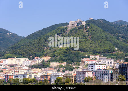 View of Salerno city with Arechi Castle on the hill, Campania, Italy Stock Photo