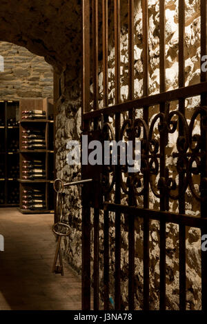 wine cellar, bottles of red wine, Castello d'Albola, Radda in Chianti, Tuscany, Italy, Europe Stock Photo