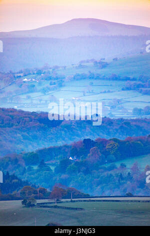 Flintshire, North Wales,  UK Weather, Clear blue sky over Flintshire this morning despite a cold start it will warm up throughout the day. Sunrise over rural Flintshire this morning near and towards the Clwydian Range Hills with an almost watercolour affect due to mist and light Stock Photo