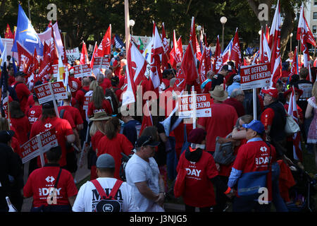 Sydney, Australia. 7th May, 2017. The annual May Day March started at Hyde Park North from 12pm with speeches. Protesters then marched down to Prince Alfred Park for food, live music and entertainment. This year the theme for May Day was fighting inequality, with a focus on workers' rights. Credit: Credit: Richard Milnes/Alamy Live News Stock Photo