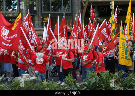 Sydney, Australia. 7th May, 2017. The annual May Day March started at Hyde Park North from 12pm with speeches. Protesters then marched down to Prince Alfred Park for food, live music and entertainment. This year the theme for May Day was fighting inequality, with a focus on workers' rights. Credit: Credit: Richard Milnes/Alamy Live News Stock Photo