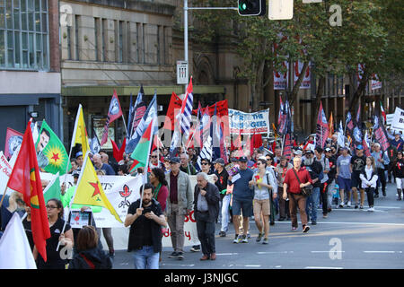 Sydney, Australia. 7th May, 2017. The annual May Day March started at Hyde Park North from 12pm with speeches. Protesters then marched down to Prince Alfred Park for food, live music and entertainment. This year the theme for May Day was fighting inequality, with a focus on workers' rights. Credit: Credit: Richard Milnes/Alamy Live News Stock Photo