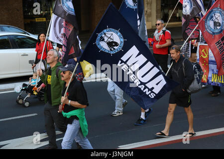 Sydney, Australia. 7th May, 2017. The annual May Day March started at Hyde Park North from 12pm with speeches. Protesters then marched down to Prince Alfred Park for food, live music and entertainment. This year the theme for May Day was fighting inequality, with a focus on workers' rights. Credit: Credit: Richard Milnes/Alamy Live News Stock Photo