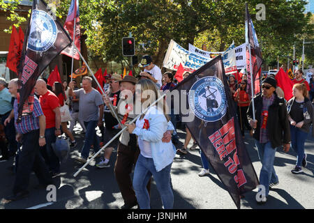 Sydney, Australia. 7th May, 2017. The annual May Day March started at Hyde Park North from 12pm with speeches. Protesters then marched down to Prince Alfred Park for food, live music and entertainment. This year the theme for May Day was fighting inequality, with a focus on workers' rights. Credit: Credit: Richard Milnes/Alamy Live News Stock Photo