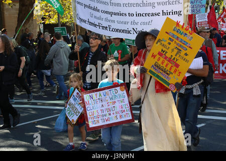 Sydney, Australia. 7th May, 2017. The annual May Day March started at Hyde Park North from 12pm with speeches. Protesters then marched down to Prince Alfred Park for food, live music and entertainment. This year the theme for May Day was fighting inequality, with a focus on workers' rights. Credit: Credit: Richard Milnes/Alamy Live News Stock Photo