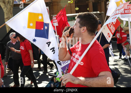 Sydney, Australia. 7th May, 2017. The annual May Day March started at Hyde Park North from 12pm with speeches. Protesters then marched down to Prince Alfred Park for food, live music and entertainment. This year the theme for May Day was fighting inequality, with a focus on workers' rights. Credit: Credit: Richard Milnes/Alamy Live News Stock Photo