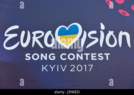 Eurovision Song Contest 2017, in Kiev, Ukraine, on 6 May, 2017. Eurovision Song Contest 2017 logo outdoor closeup in Eurovision Village on Khreshchatyk street in the center of Kyiv, capital of Ukraine. Stock Photo