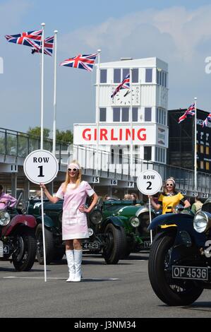 Pit girls at the 2017 Benjafields Sprint at Goodwood circuit in Sussex, England. Stock Photo