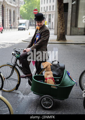 London, UK. 6th May, 2017.  a vintage male cyclist looks at his dog in a sidecar as the wait on the road. The dog is a sidecar. The annual London bicycle ride is a stylish event in London for nearly 900 riders, dressed in vintage or stylish tweed or other traditional outfits. This is the ninth year of the Tweed Run, which began in London in 2009 Credit: Doozzi Photography/Alamy Live News Stock Photo