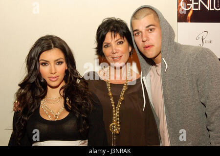 (L-R) Kim Kardashian, Kris Jenner, Rob Kardashian arrives for the launch of Heavenly Sinful Jewels and GENLUX Magazine party on the rooftop at the Luxe Hotel in Beverly Hills, CA Stock Photo
