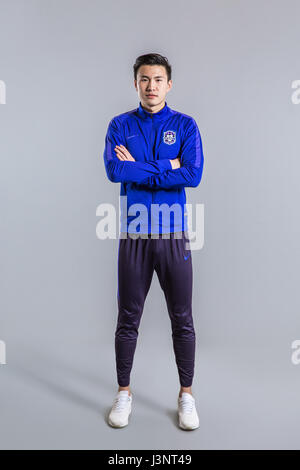 Portrait of Chinese soccer player Li Zheng of Tianjin TEDA F.C. for the 2017 Chinese Football Association Super League, in Tianjin, China, 26 February 2017. Stock Photo