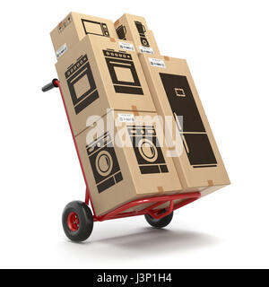 Sale and delivery of household kitchen appliaces concept. Hand truck and cardboard boxes with appliaces. 3d illustration Stock Photo