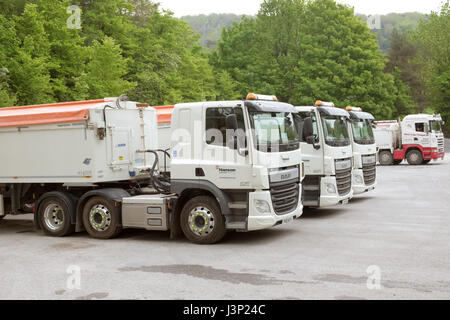 6th May 2017 - Lot of parked heavy trucks from Hansen Aggregates in Cheddar, Somerset, England, Stock Photo