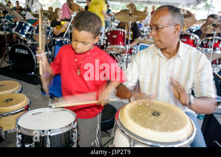 Miami Florida,Hollywood,Arts Park,The Big Beat,attempt,break,Guinness Book,world record,most drummers,same beat,drum set,drums,playing,Latin drums,boy Stock Photo